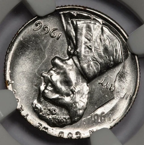 1966 NGC MS65 Cent Struck On Struck Dime Mint Error Double Denomination 2 Dates Cover