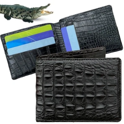 Cartera plegable de cuero de cocodrilo negro real doble lado bloqueo RFID billetera para hombre Foto 1 de 4
