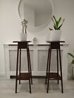 Pair of Vintage Antique Dark Oak Tall Two Tier Plant Stands Arts & Crafts Style