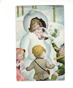 Cartolina Pupazzo di neve umanizzato e bambini danzanti stampata a colori TA1686 - Foto 1 di 1