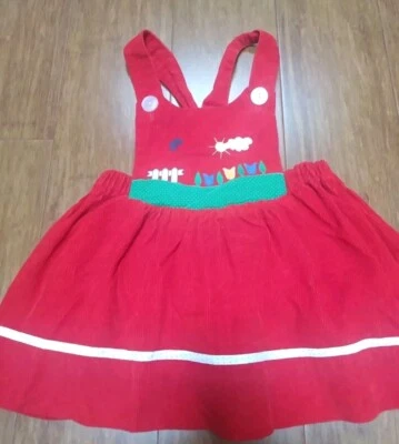 Vintage Sears Dress Jumper Red Corduroy Appliqued Flowers Size 4T Straps 1990s - Image 1 of 4