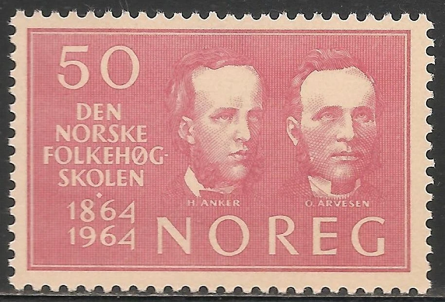 Норвегия No459 (A114) хорошее состояние как новая без наклеек и следов - 1964 50o Герман Анкер и Олаус Арвесен / образование - Изображение 1 из 1