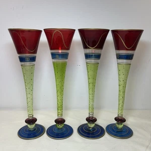 Neu 4 Pier 1 Imports Champagnerflöte rot blau grün Bänder 10,5" Wirbel Punkte Gold - Bild 1 von 8