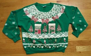 Vintage Damen L Weihnachten Stadt Urlaub Rundhalsausschnitt Sweatshirt Pufffarbe Schnee 90er - Bild 1 von 22