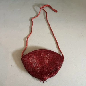 Red Beaded Purse Trim Tassels with Rope Strap Macau Cocktail Shoulder Bag Cute! - Picture 1 of 15