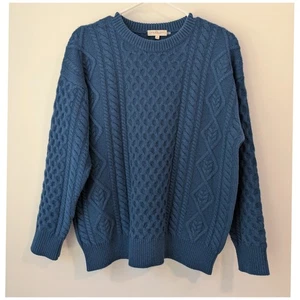 Demylee New York Oversize Pullover Zopfmuster 100% Wolle Blau Damen Small - Bild 1 von 7