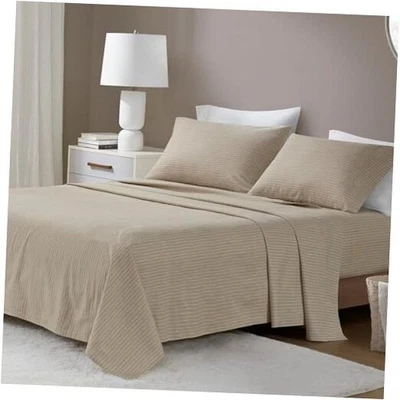  Juego de Sábanas Algodón Acogedor Estampado 100% Algodón Franela Queen Beige/Blanco Rayas Foto 1 de 4