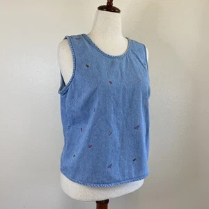 Vtg Y2K Christopher & Banks Denim Sleeveless Top. Bees Ladybugs Dragonflies. Lg. - Picture 1 of 12