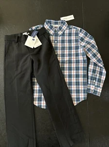 NWT Janie and Jack boy SPRING black wool pants blue plaid shirt 2-piece SET 6 - Picture 1 of 11
