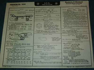 1954 年 HUDSON WASP 6CYL TUNE-UP & WIRING DIAGRAM CHART / WASP 模型 / 型号 4D — 第 1/2 张图片