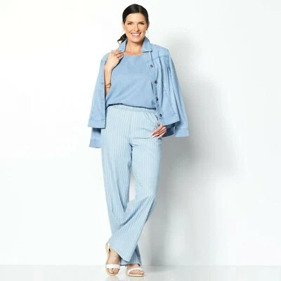 Pantalón DG2 Diane Gilman Vacation Denim Pierna Ancha Pull-On PXS Chambray Rayas Bolsillo Foto 1 de 4