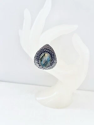 Anel folheado a prata e labradorita tamanho S EUA tamanho 9,5 joias de pedra preciosa - Imagem 1 de 4
