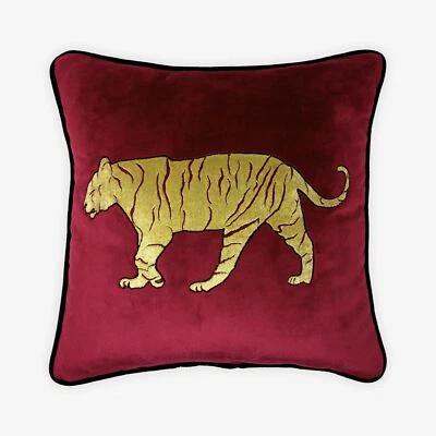 Tiger Maroon Handmade Embroidered Decorative Throw Pillow Lumbar Cushion Cover - Image 1 of 4
