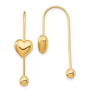 14K Solid Yellow Gold Heart Screw End Threader Dangle Earrings - Picture 1 of 4