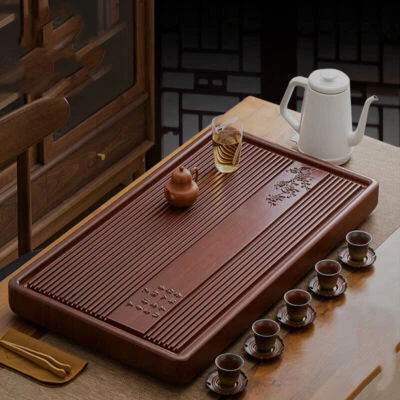 rectangle tea tray solid wood reservoir tea table Chinese character relief large - Image 1 of 4