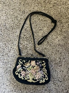 Signed Vintage Handmade Black Tapestry Bag Purse Maria Lynch Floral 5 “H - Picture 1 of 8