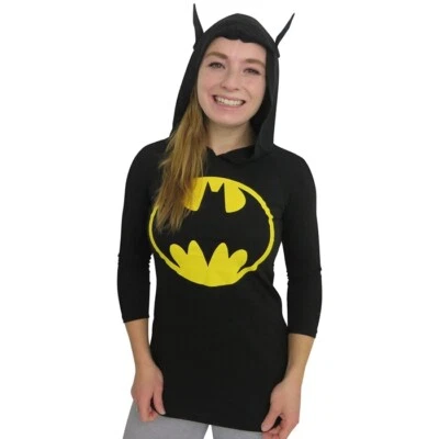 DC Comics Batman Logo Juniors Hooded Raglan Shirt With Ears New S, M, L - Image 1 of 4