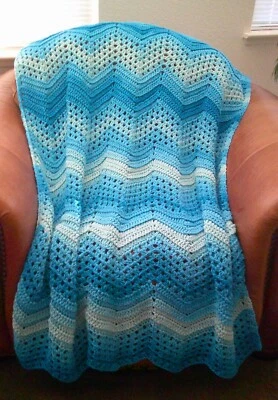 NEW HAND CROCHET RIPPLE SHADES OF TURQUOISE MULTI AFGHAN LAP BLANKET THROW - Image 1 of 4