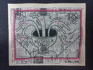 Keith Haring (Handmade) Vintage 82's Newspaper Mixed Media Signed and Stamped. - Picture 1 of 6