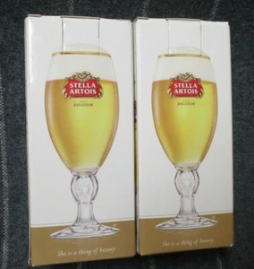 Stella Artois 2012 Gold Rimmed 33 cl Stemmed Beer Goblet Glasses Set of 2 - NIB - Picture 1 of 12