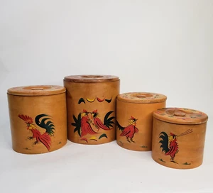 Vintage MCM Runde Holz Küche Kanister Set Hahn Hühner Japan - Bild 1 von 12