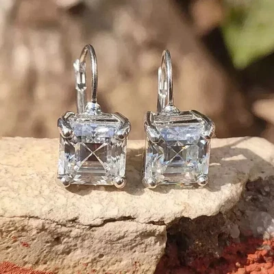 Women's Solitaire Lab Grown Diamond Hoop Earring 4 Ct Asscher Cut 10K White Gold - Image 1 of 4