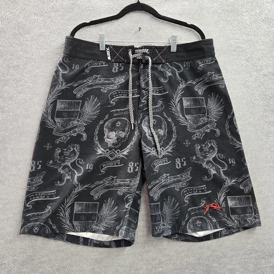 Rusty Men Board Shorts 34 Black Red Logo Embroidery Graphic Print Skull Lion - Image 1 of 4