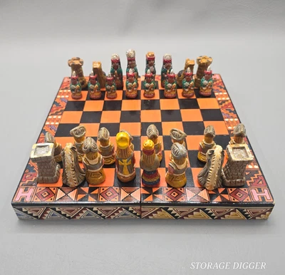 Vintage Inca vs Conquistadors Peruvian Folk Art 32 Pcs Chess Set w/ Wooden Board - Image 1 of 4