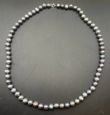 Sterling 6mm Genuine Cultured Freshwater Knotted Black Peacock Pearl Necklace - Image 1 of 4