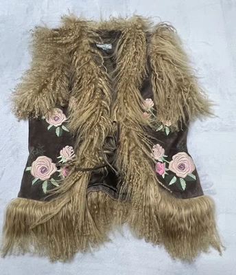 Afghan Serena Kay Leather Vest S/M/L Mongolian Real Fur Floral Embroidery Luxury - Image 1 of 4