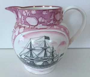 RARE Antique Sunderland Pink Lustreware LG 8.5" Nautical Pitcher in Ex-Condition - Picture 1 of 9