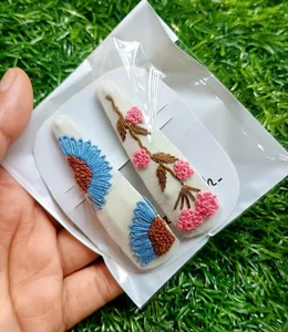 2 Handmade Floral Embroidered Linen Hair Clips Barrette for girls Cute Hairpins - Picture 1 of 5