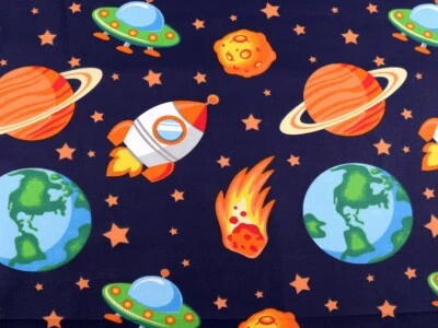 Baumwollstoff Weltall Planeten 100% Baumwolle blau orange Raketen Kinderstoff - Bild 1 von 4