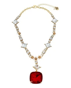 Betsey Johnson Faux Stone Floral Christmas Gem Pendant Necklace- Red/Gold - Picture 1 of 3
