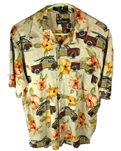 Hawaiian Camp Shirt Beige Palm Woody Wagon Marc Edwards Size M Vacation (B33) - Picture 1 of 5