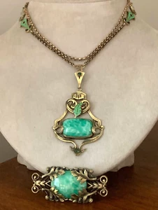 Vintage Czech Peking Glass Enameled Necklace & Brooch Set - Picture 1 of 17