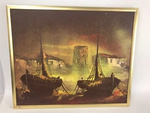 Vintage Ölgemälde einer Hafenszene signiert vom Künstler (unbekannt) - Bild 1 von 4