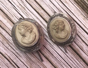 Victorian Silver Lava Cameo Hook Earrings ABLZX - Picture 1 of 2