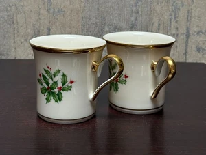 Lenox "Holiday" Porcelain Mugs, Set of 2, Holly & Berries, 24K Gold Trim - Picture 1 of 4