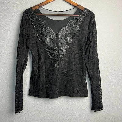 Black Lace L/SL Top Grunge Bow Embellishment XXL Goth Emo Party Whimsical Fairy - Image 1 of 4