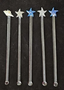 Set of 5 Swizzle Sticks Drink Stirrers Coastal Beachy Barware Starfish SeaShells - Picture 1 of 4