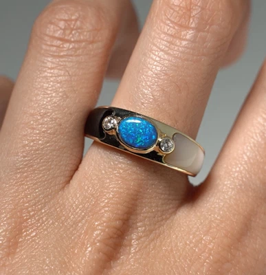 Anillo de sello de oro de 14K madreperla de ónix diamante ópalo negro Lightning Ridge Foto 1 de 4
