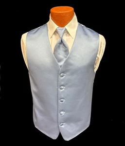 Men's Brandon Michael Blue Satin Tuxedo Vest with Long Tie Size Large L - Picture 1 of 4
