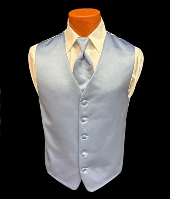 Men's Brandon Michael Blue Satin Tuxedo Vest with Long Tie Size Large L - Image 1 of 4