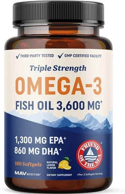 Triple Strength Omega 3 Fish Oil 3600mg EPA & DHA Over 2100mg Omega3 Fatty 180ct - Image 1 of 4