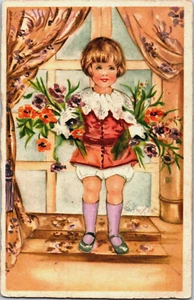 Beautiful Dressed Girl with Flower Bouquets Vintage Postcard B141 - Picture 1 of 2