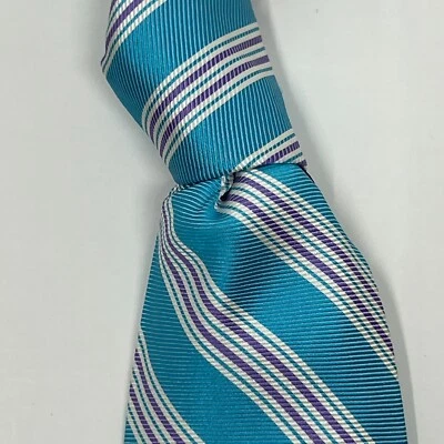 Tommy Hilfiger 男式 100% 真丝领带条纹复古修身天空蓝色/紫色/白色全新带标签 — 第 1/4 张图片