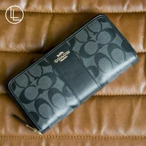 COACH Women's Long Zip-Around Wallet In Signature Canvas (Graphite - Black) - Picture 1 of 11