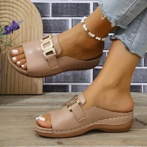 Casual Women's Slippers Metal Buckle Beach Sandals Wedge Sandals Summer - Picture 1 of 16