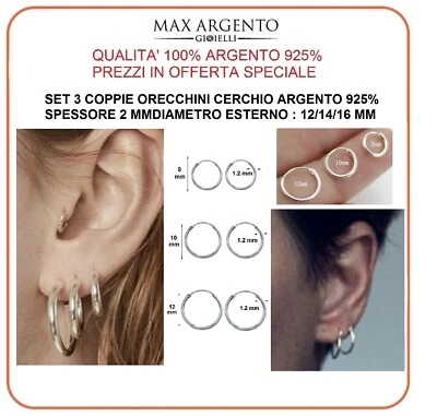 Orecchini Cerchio Argento 925 Set 3 Paia Canna 1.2 Diametro:8/10/12 mm - Immagine 1 di 3